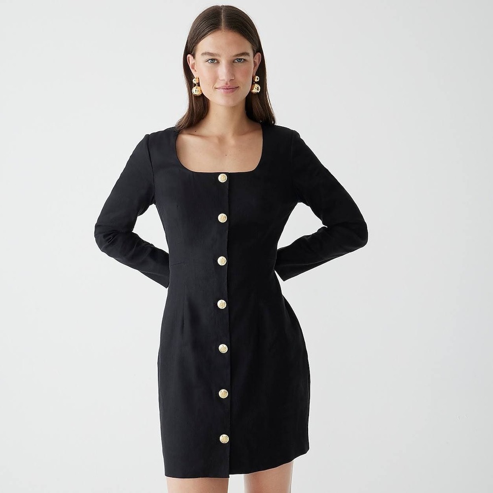 J. Crew Long Sleeve Button Mini Dress Black Linen Blend Square Neck 4
